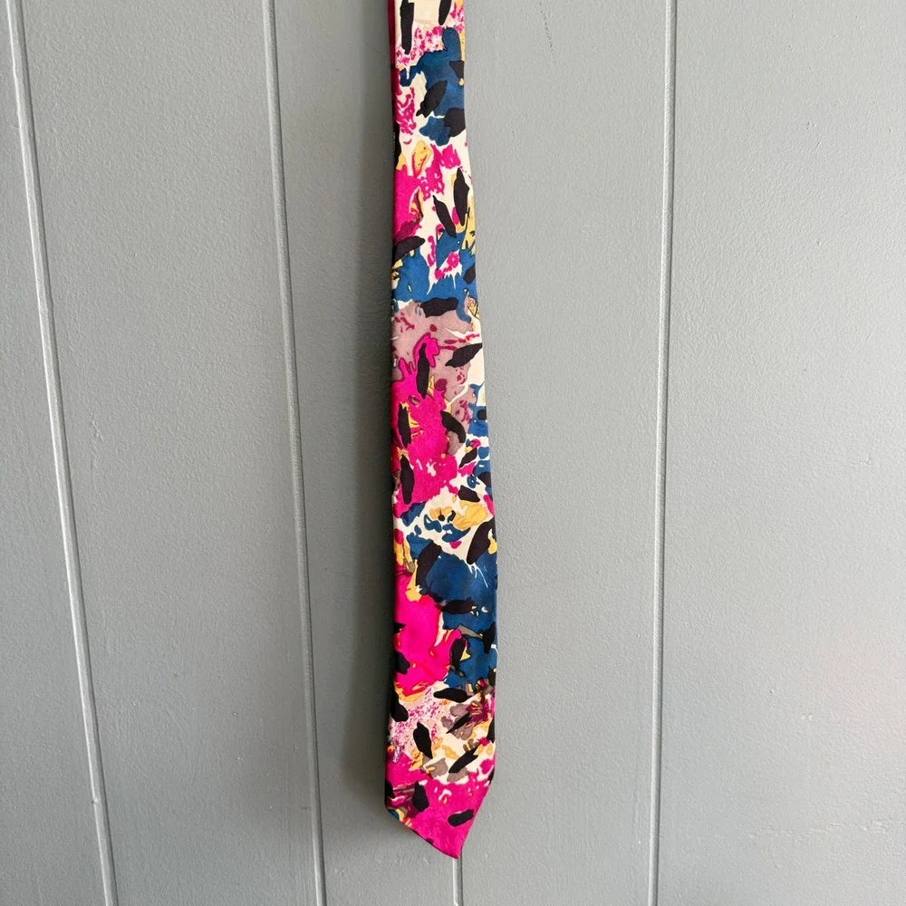 Hardy Amies Savile Row Silk Tie Vintage 80s Abstract Floral Pink Blue Gold Black